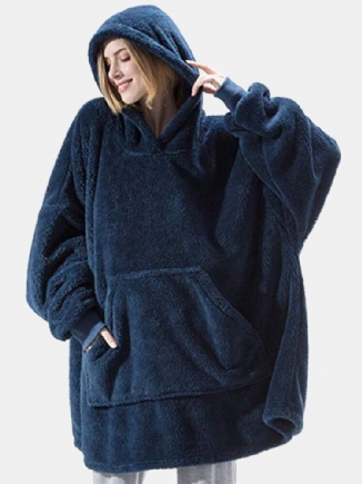 Frauen Übergroße Verdicken Warme Einfarbige Decke Hoodie Plüsch Nachtwäsche Robe Mit Tasche