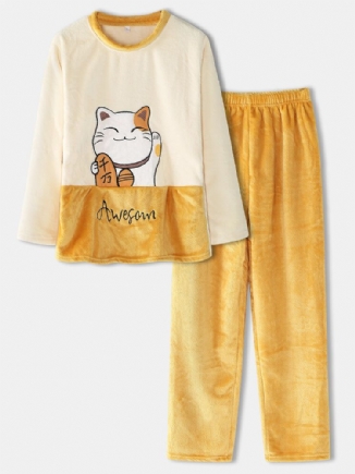 Frauen Verdicken Lucky Cat Letter Stickerei Flanell Gemütliche Elastische Taille Home Pyjama Set