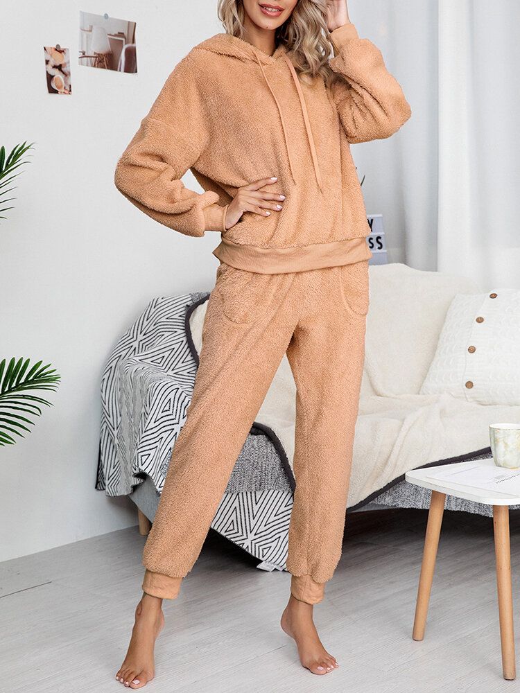 Frauen Weich Einfarbig Hoodie Tasche Elastische Taille Jogger Hose Home Plüsch Pyjama Set