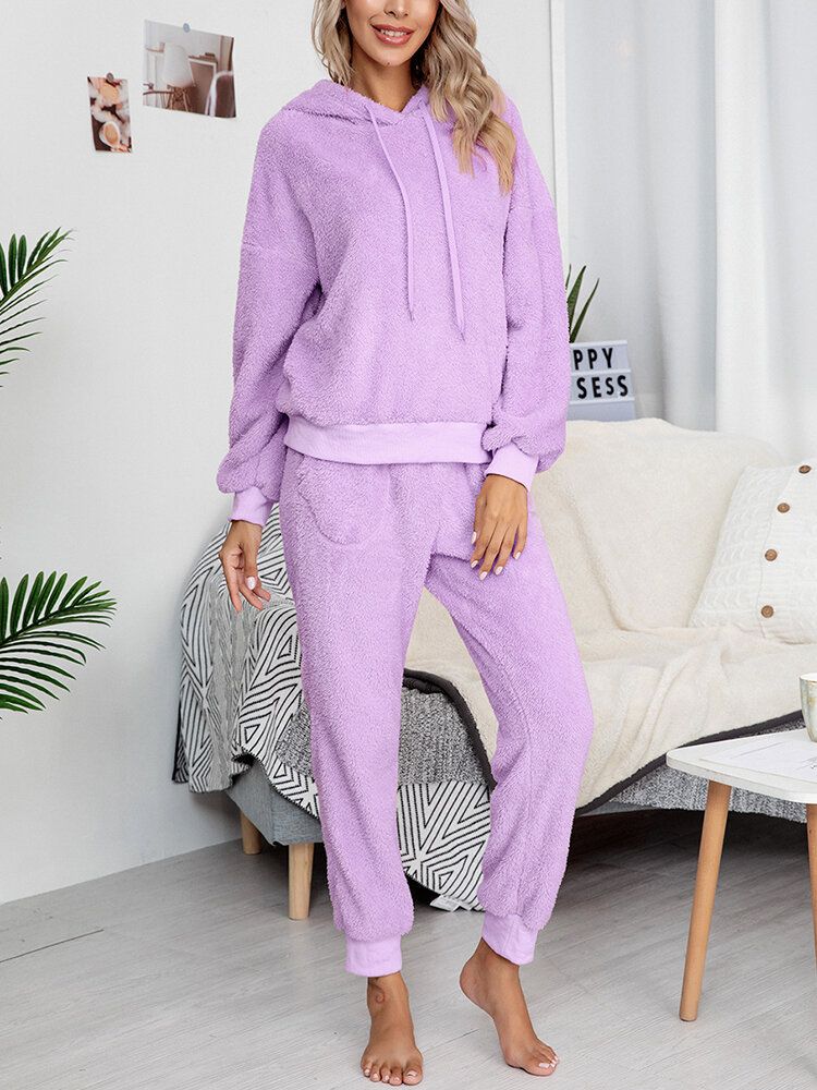 Frauen Weich Einfarbig Hoodie Tasche Elastische Taille Jogger Hose Home Plüsch Pyjama Set