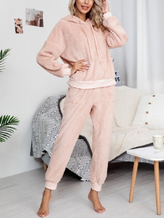 Frauen Weich Einfarbig Hoodie Tasche Elastische Taille Jogger Hose Home Plüsch Pyjama Set