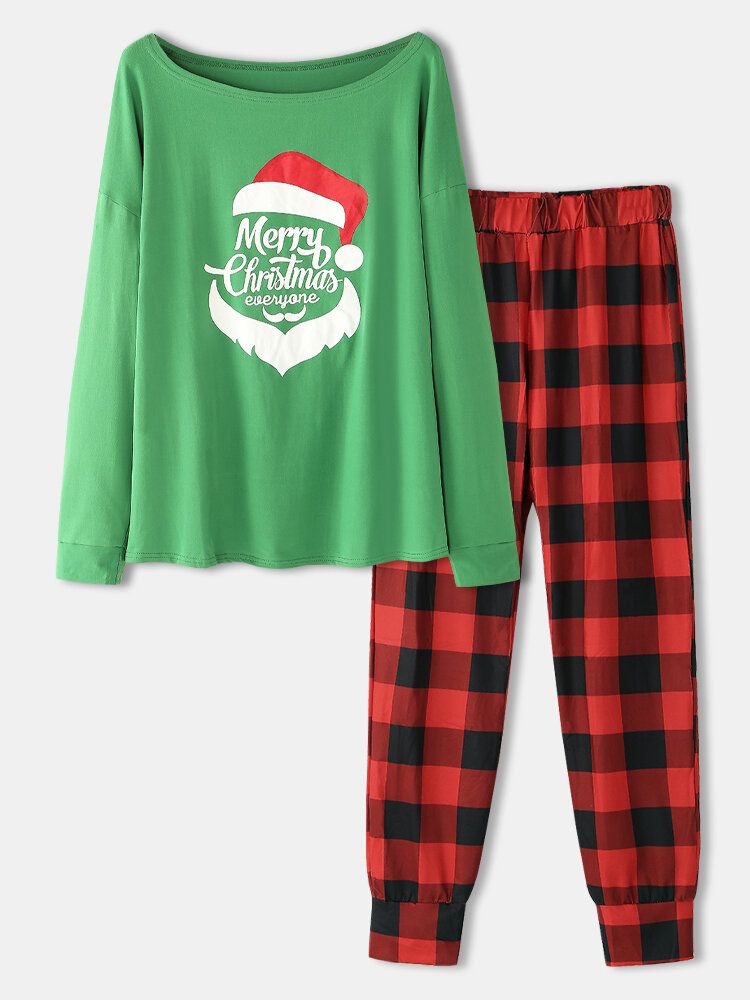 Frauen Weihnachtsbuchstabe Grafik Langarm Pullover Plaid Elastische Taille Joggerhose Home Pyjama Set