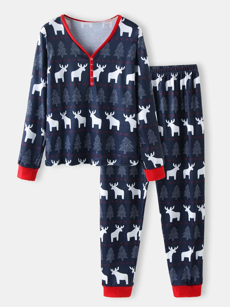 Frauen-weihnachtsstil-design Druck V-ausschnitt Pullover Elastische Taille Jogginghose Zweiteiliges Pyjama-set Für Zu Hause