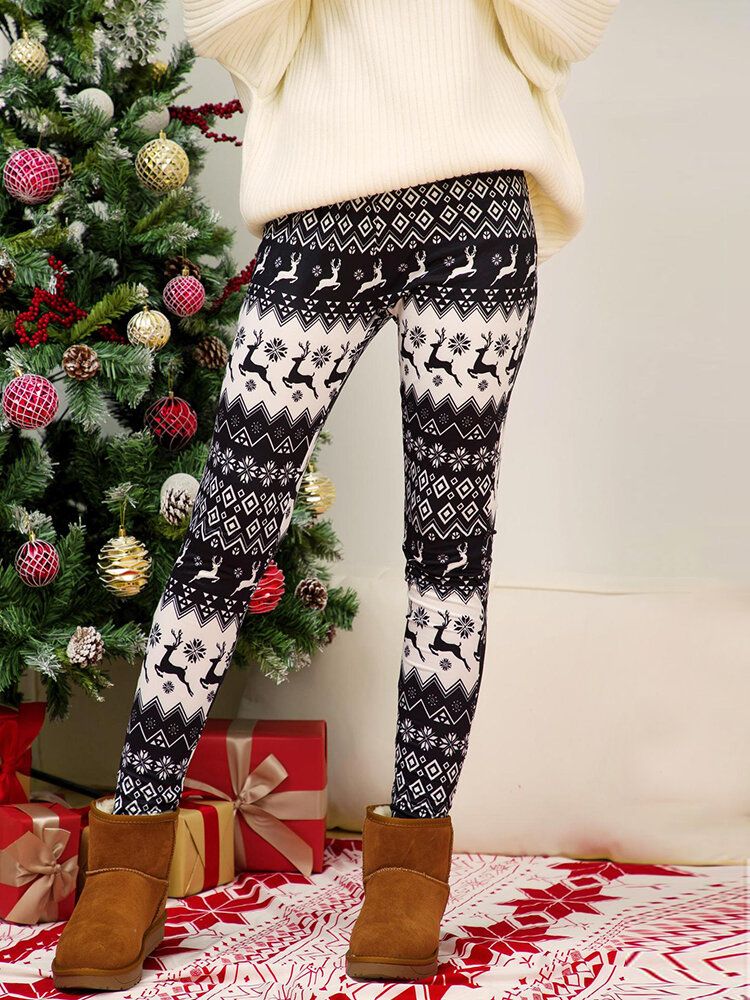 Frauen Weihnachtsstil Druck Elastische Taille Schlanke Home Eth Style Schlafunterteile