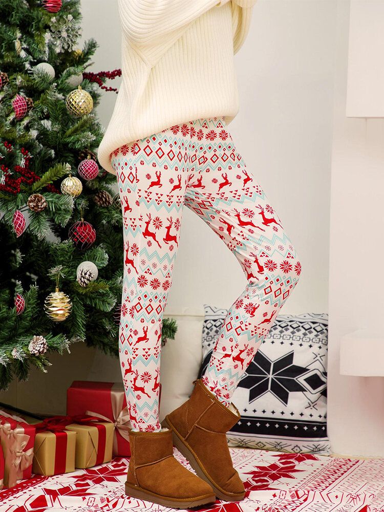 Frauen Weihnachtsstil Druck Elastische Taille Schlanke Home Eth Style Schlafunterteile