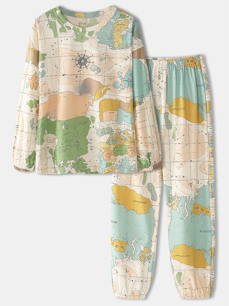 Frauen Weltkarte Print Rundhals Elastische Taille Jogginghose Home Pyjama Set