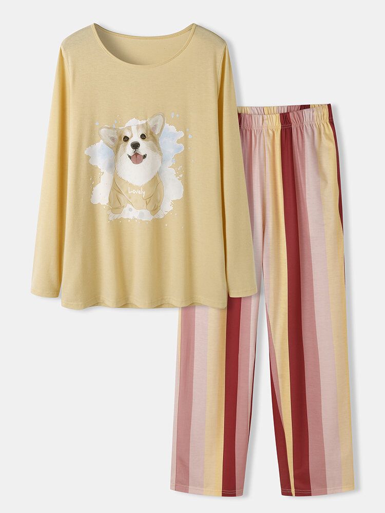 Gestreifte Hosen Mit Hundemuster In Übergröße Für Damen Lockere Langärmlige Loungewear-pyjama-sets