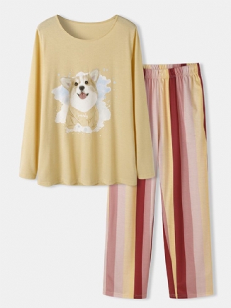 Gestreifte Hosen Mit Hundemuster In Übergröße Für Damen Lockere Langärmlige Loungewear-pyjama-sets