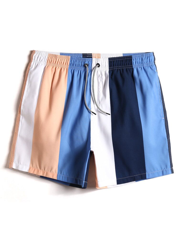 Herren-strandshorts Mit Farbblockstreifen Schnell Trocknend Mit Kordelzug Und Tasche