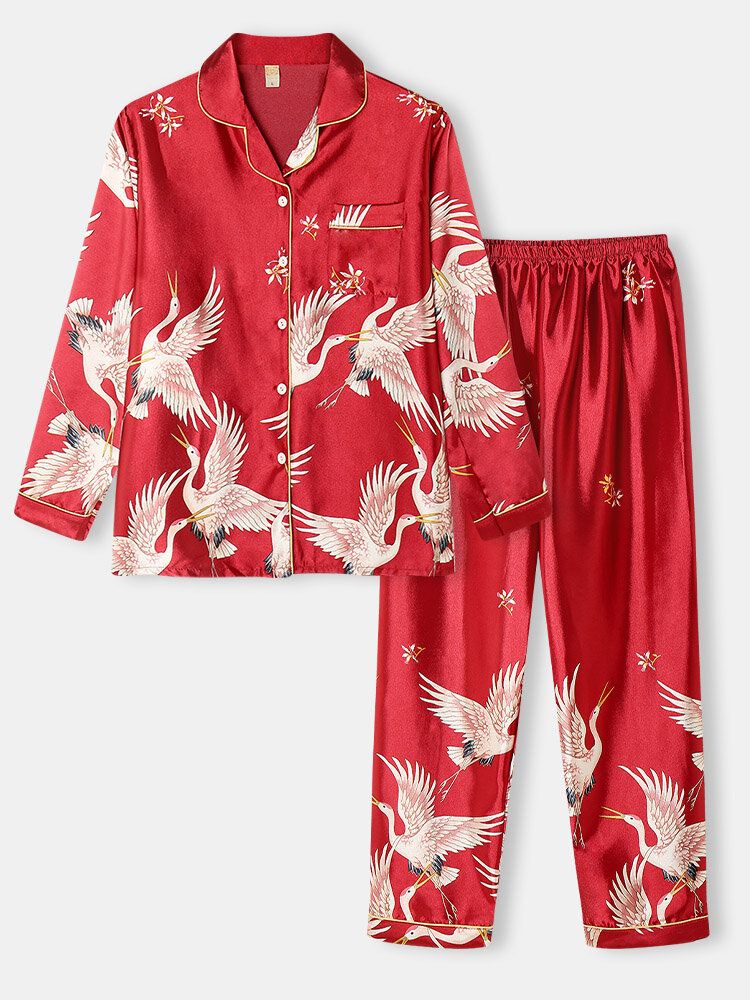 Plus Size Damen Kranichmuster Reverskragen Ice Silk Home Lässige Pyjama-sets