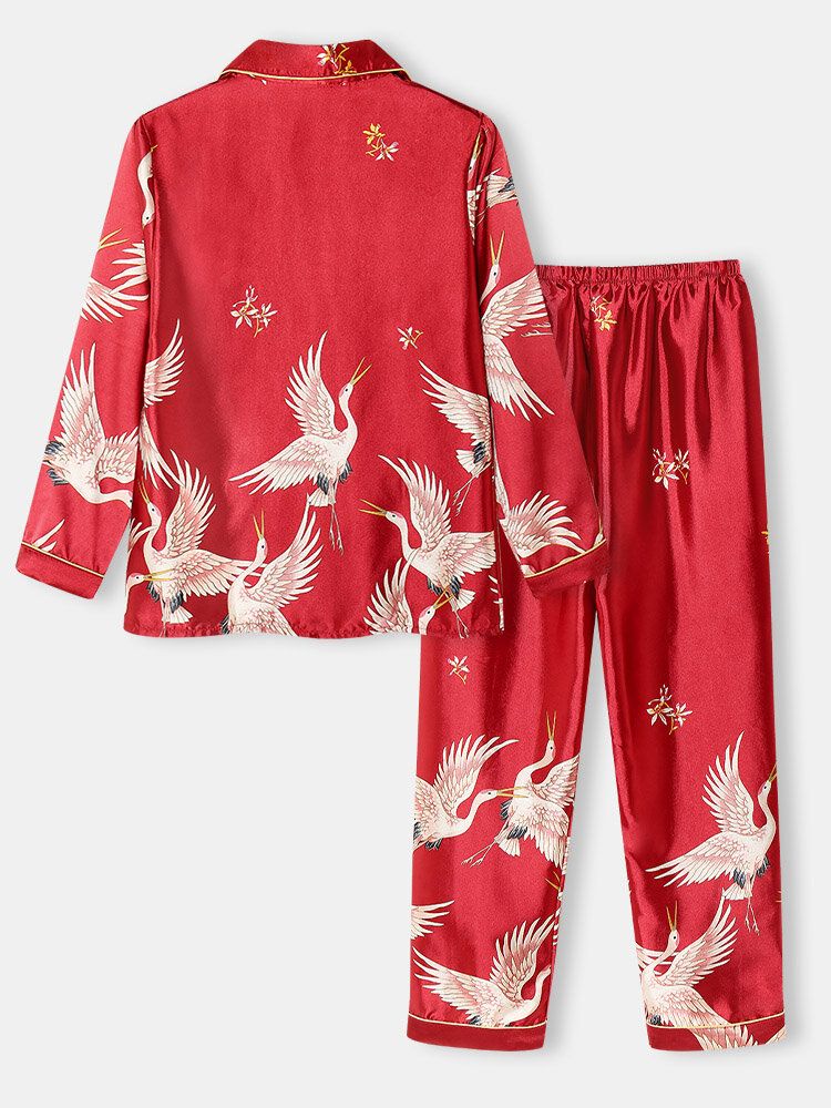 Plus Size Damen Kranichmuster Reverskragen Ice Silk Home Lässige Pyjama-sets