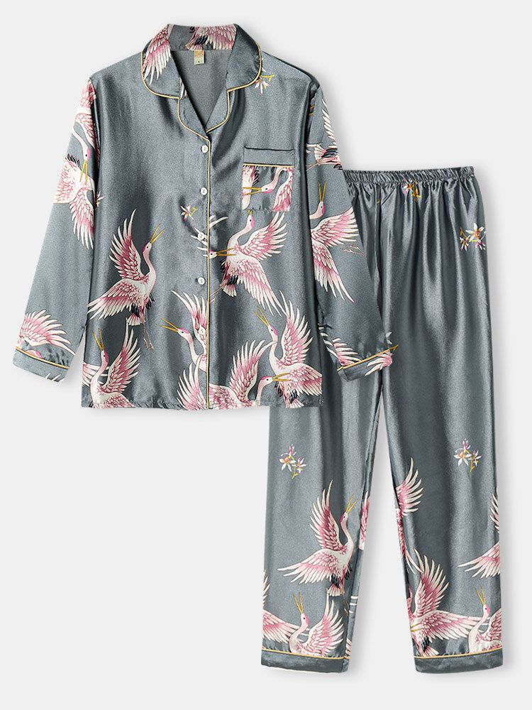 Plus Size Damen Kranichmuster Reverskragen Ice Silk Home Lässige Pyjama-sets