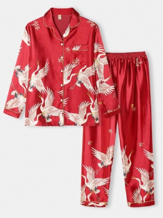 Plus Size Damen Kranichmuster Reverskragen Ice Silk Home Lässige Pyjama-sets