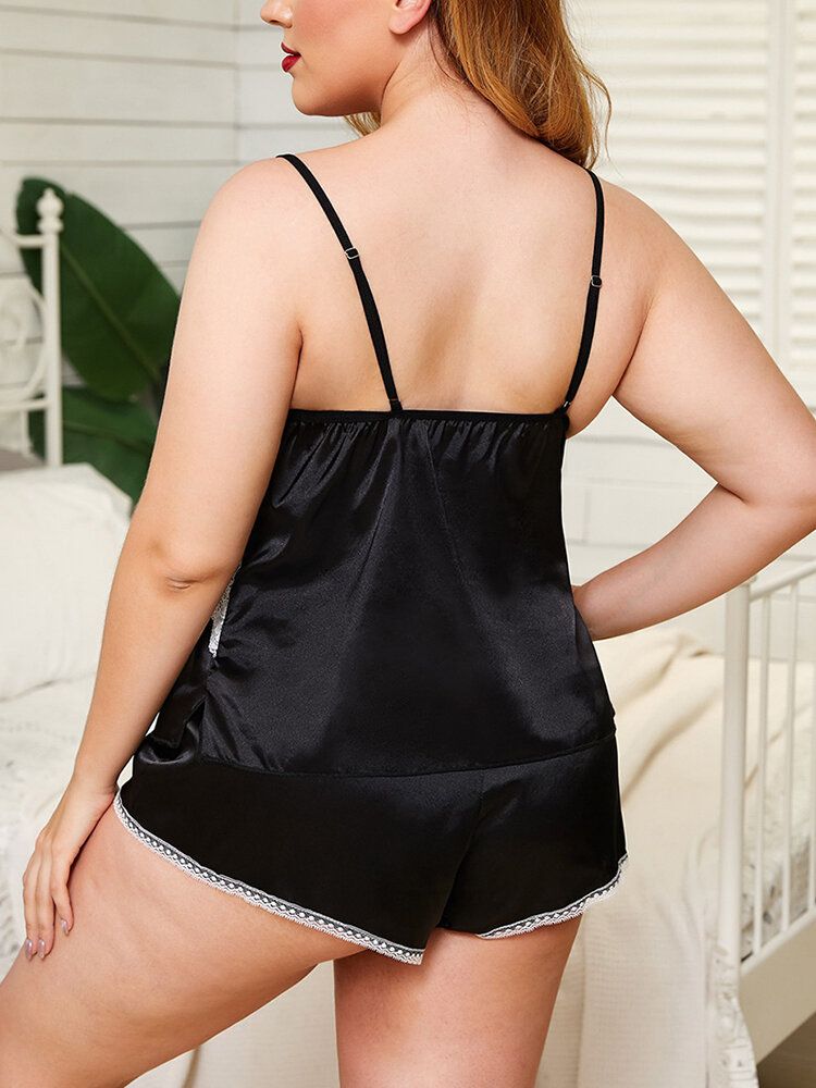 Plus Size Damen Kunstseidenspitze Patchwork Durchsichtiges Rückenfreies Chemises Dessous Set