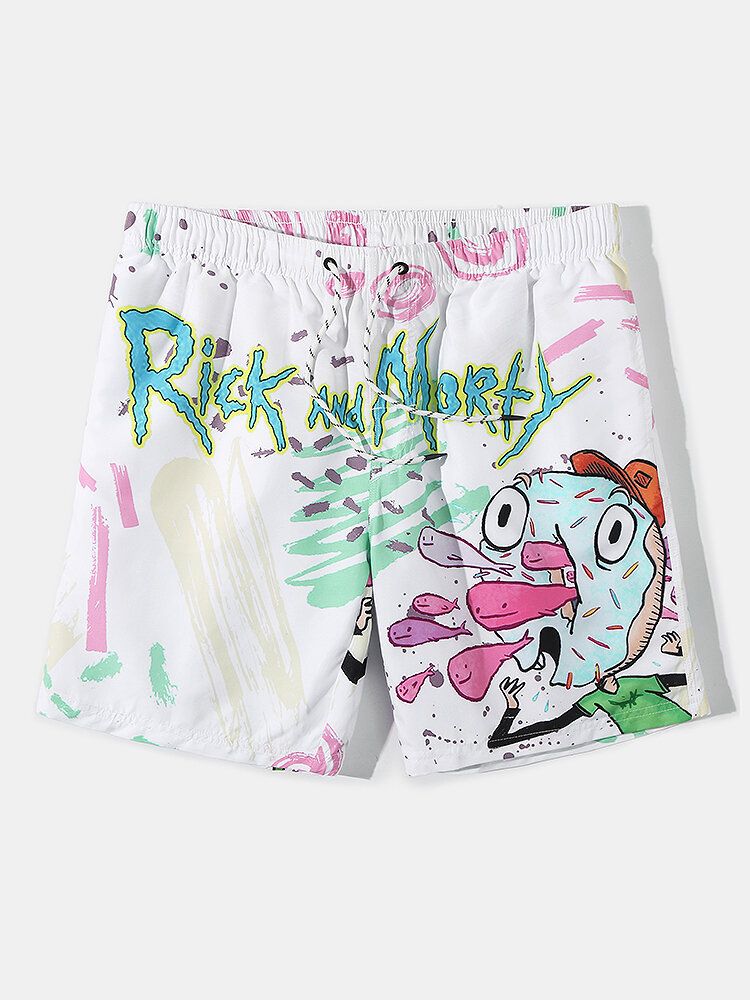 Schnell Trocknende Herren-strandshorts Mit Cartoon-graffiti-print Und Kordelzug Und Tasche