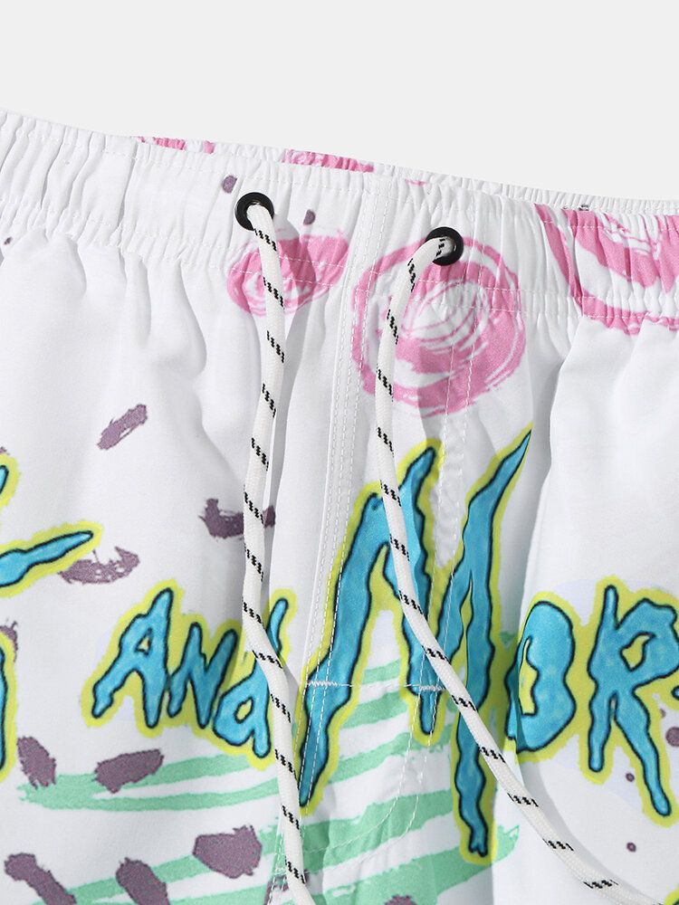 Schnell Trocknende Herren-strandshorts Mit Cartoon-graffiti-print Und Kordelzug Und Tasche