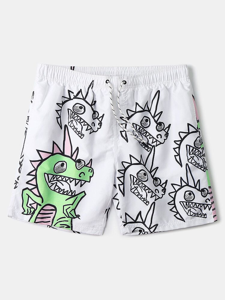 Schnell Trocknende Strandshorts Mit Tunnelzug Und Cartoon-dinosaurier-print Für Herren