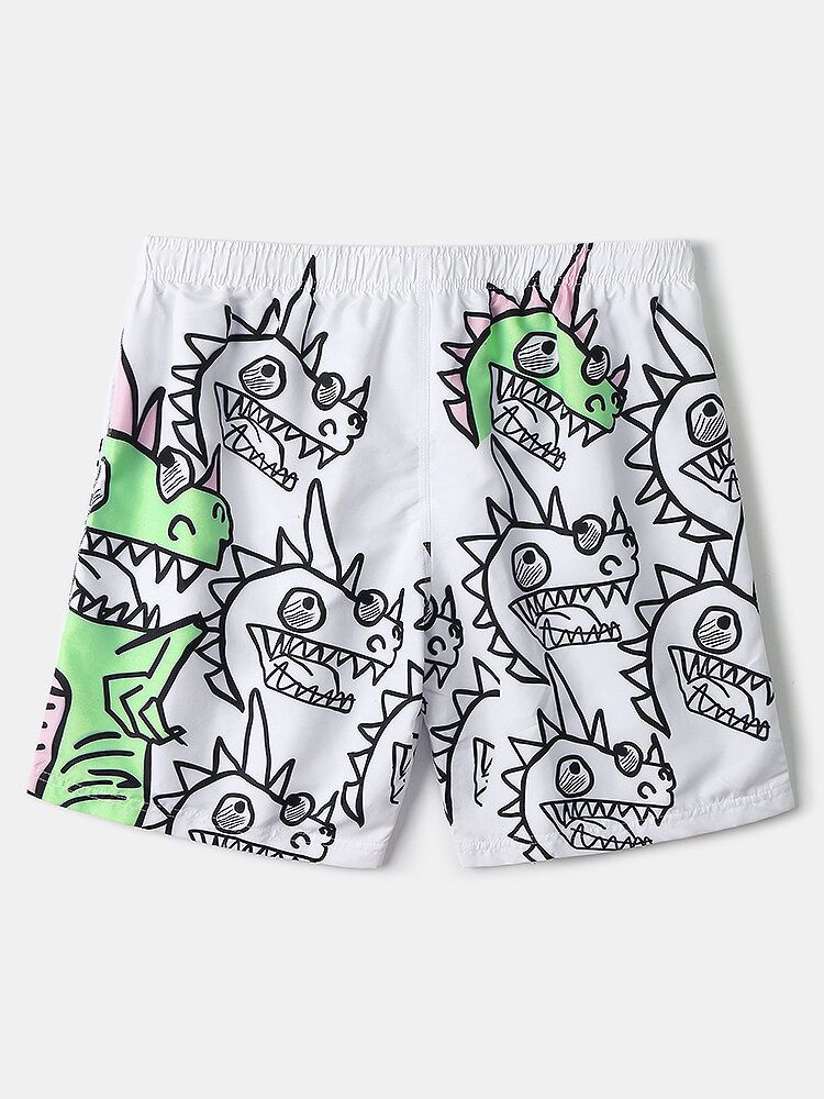 Schnell Trocknende Strandshorts Mit Tunnelzug Und Cartoon-dinosaurier-print Für Herren