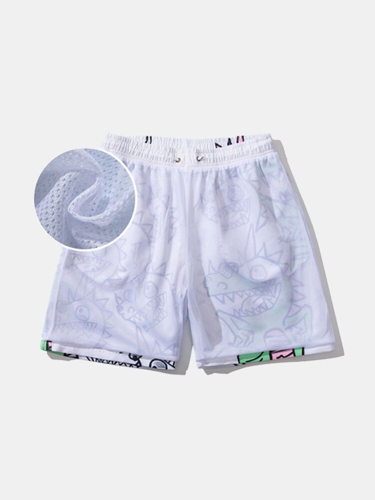 Schnell Trocknende Strandshorts Mit Tunnelzug Und Cartoon-dinosaurier-print Für Herren