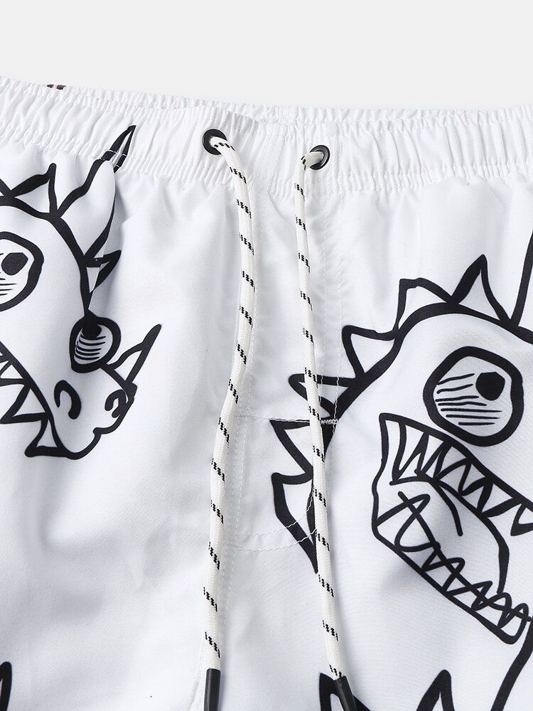 Schnell Trocknende Strandshorts Mit Tunnelzug Und Cartoon-dinosaurier-print Für Herren