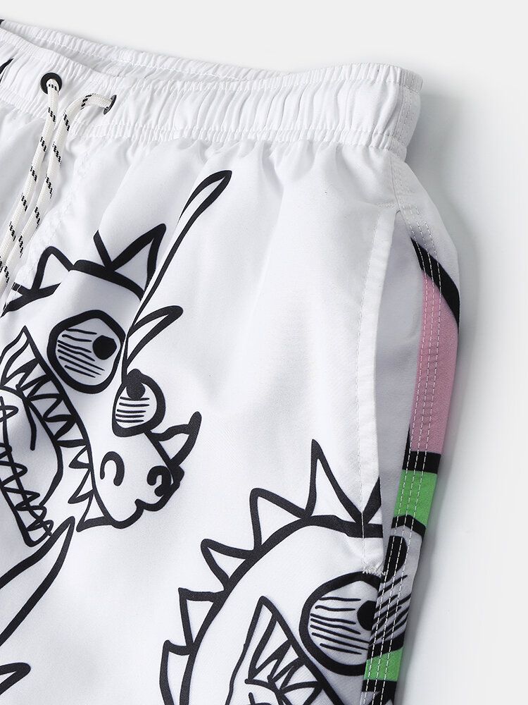 Schnell Trocknende Strandshorts Mit Tunnelzug Und Cartoon-dinosaurier-print Für Herren