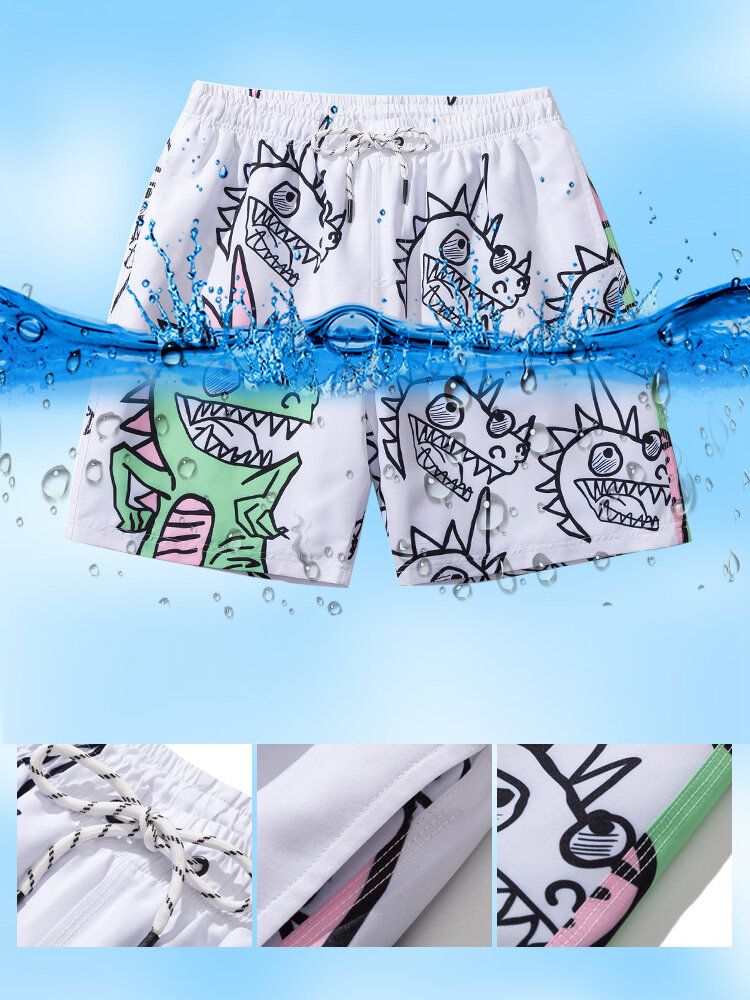 Schnell Trocknende Strandshorts Mit Tunnelzug Und Cartoon-dinosaurier-print Für Herren