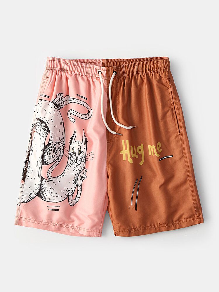 Schnelltrocknende Surf-boardshorts Mit Kordelzug Für Herren Mit Cartoon-tier-patchwork-schriftzug