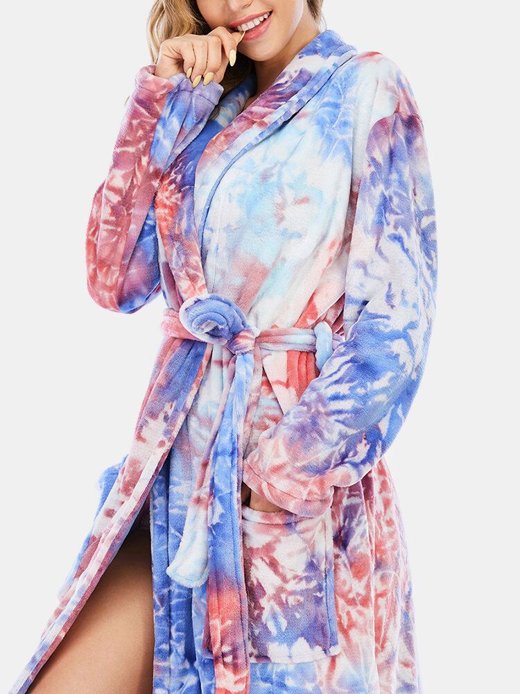 Tie Dye Damen Flanell Langarm Double Pocket Home Nachtwäsche Bademäntel