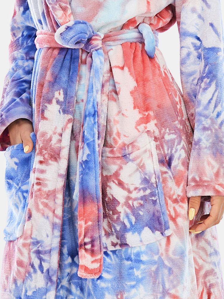 Tie Dye Damen Flanell Langarm Double Pocket Home Nachtwäsche Bademäntel