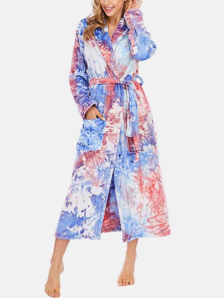 Tie Dye Damen Flanell Langarm Double Pocket Home Nachtwäsche Bademäntel