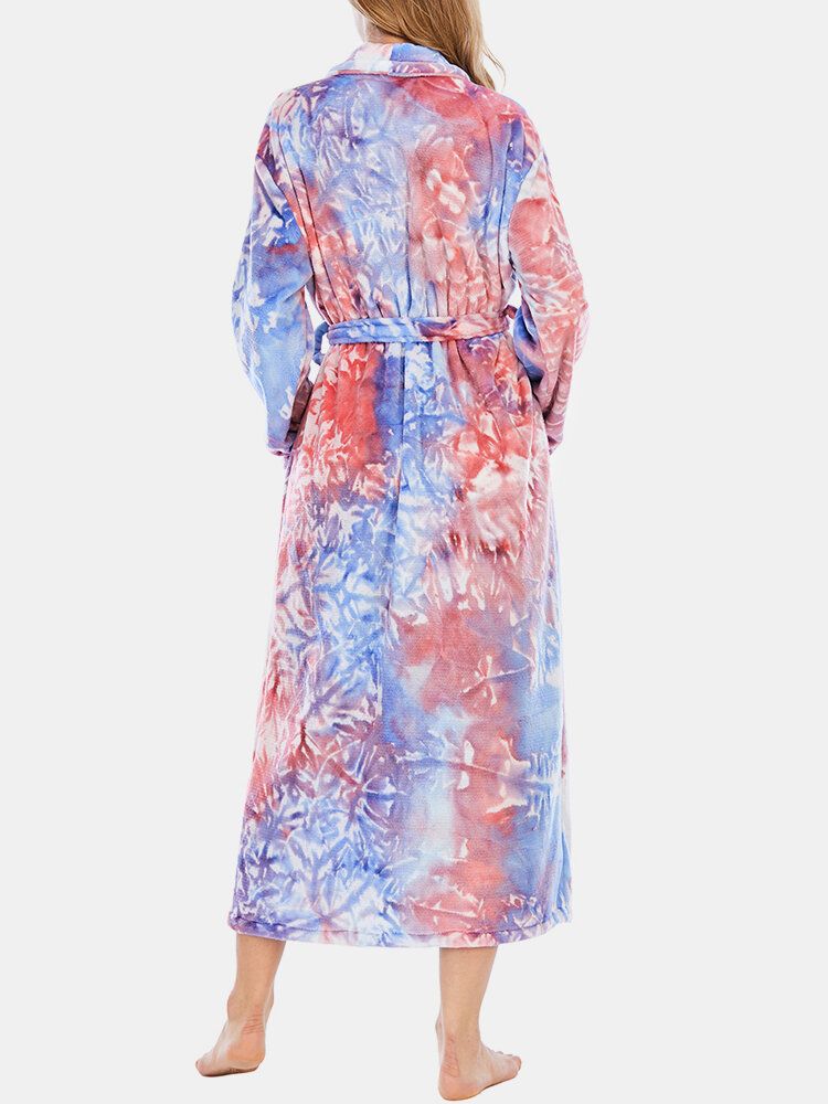 Tie Dye Damen Flanell Langarm Double Pocket Home Nachtwäsche Bademäntel