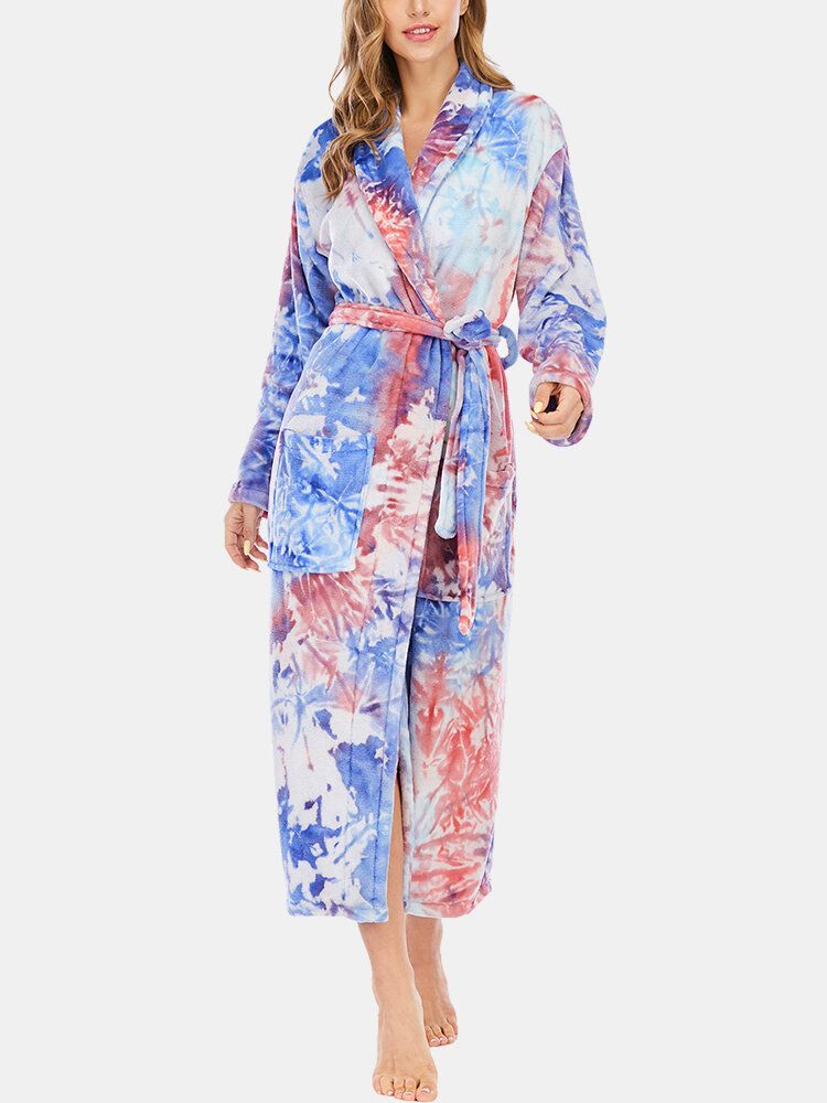 Tie Dye Damen Flanell Langarm Double Pocket Home Nachtwäsche Bademäntel