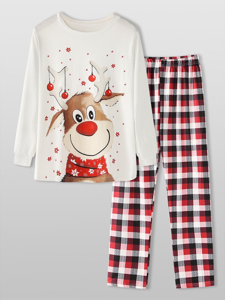 Weihnachtsart-frauen-niedlicher Elch-druck-pullover-plaid-elastische Lose Taillen-hosen-ausgangspyjama-satz