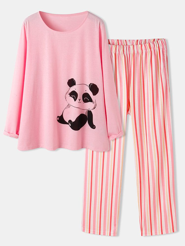 Zweiteilige Gestreifte Hose Mit O-ausschnitt Und Niedlichem Panda-print Für Damen Zweiteilig In Übergröße Lounge-home-pyjama-sets