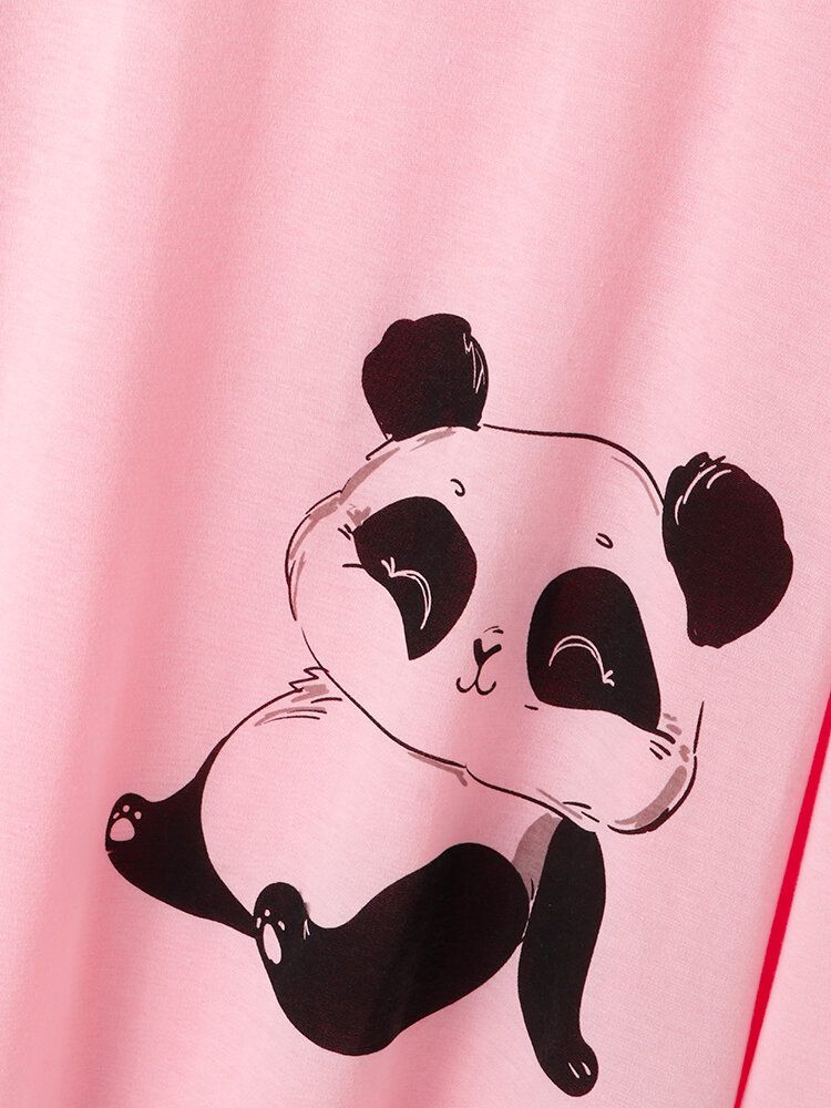 Zweiteilige Gestreifte Hose Mit O-ausschnitt Und Niedlichem Panda-print Für Damen Zweiteilig In Übergröße Lounge-home-pyjama-sets