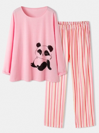 Zweiteilige Gestreifte Hose Mit O-ausschnitt Und Niedlichem Panda-print Für Damen Zweiteilig In Übergröße Lounge-home-pyjama-sets