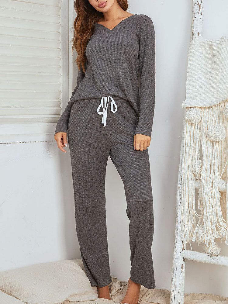 Zweiteiliges Home Lounge Pyjama-set Für Damen Einfarbig In Übergröße Mit V-ausschnitt