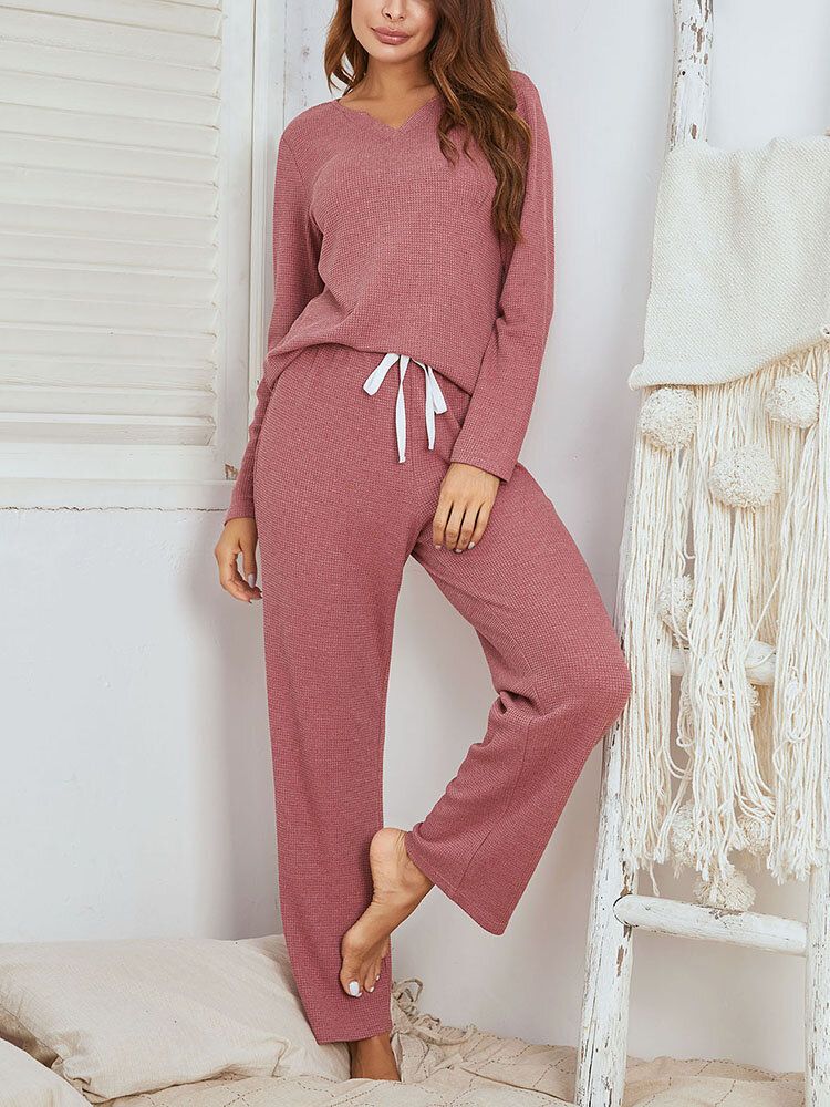 Zweiteiliges Home Lounge Pyjama-set Für Damen Einfarbig In Übergröße Mit V-ausschnitt