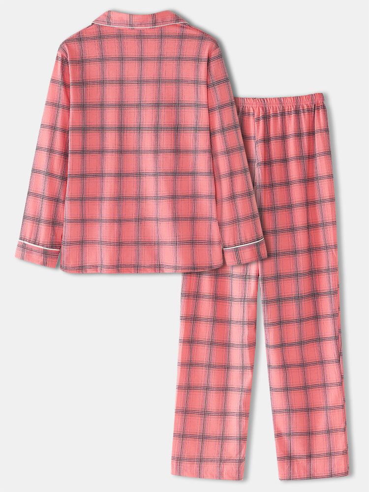 Zweiteiliges Pyjama-set Mit Zweiteiligem Pyjama-set Für Damen Karierter Aufdruck Reverskragen Brusttaschen Hemd Elastische Taille Hose