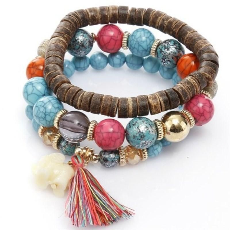 Bohemian Multi-layer-holz-quasten-armband Süßes Elefant-perlen-armband