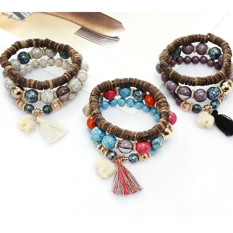 Bohemian Multi-layer-holz-quasten-armband Süßes Elefant-perlen-armband