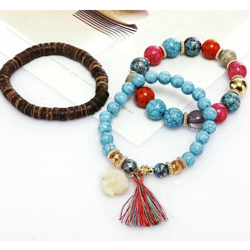 Bohemian Multi-layer-holz-quasten-armband Süßes Elefant-perlen-armband