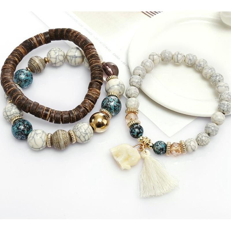 Bohemian Multi-layer-holz-quasten-armband Süßes Elefant-perlen-armband