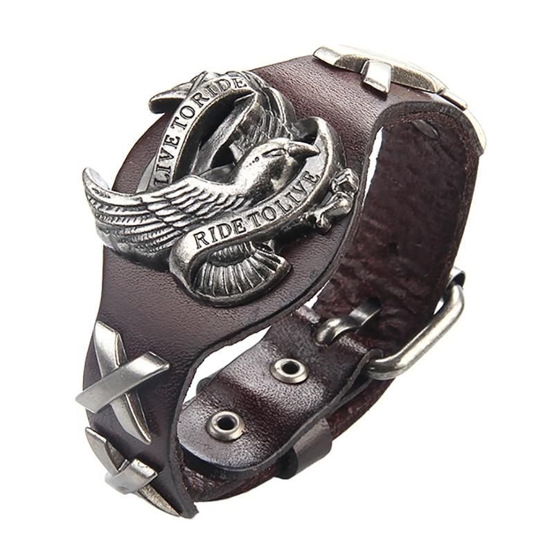 Punk-echtleder-wrap-armband-armband-legierungs-adler-armband Für Männer Frauen