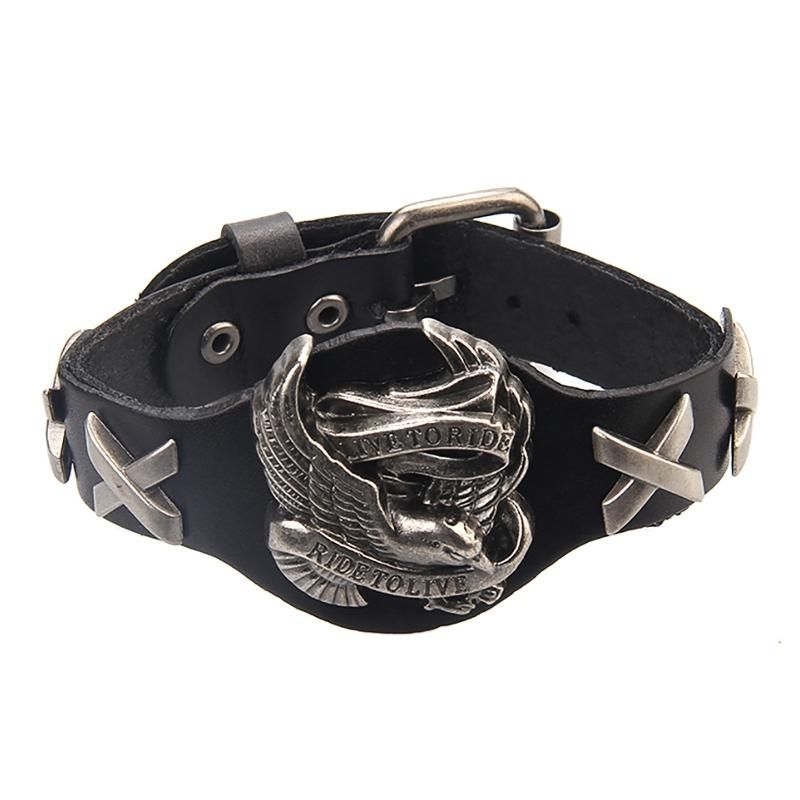 Punk-echtleder-wrap-armband-armband-legierungs-adler-armband Für Männer Frauen