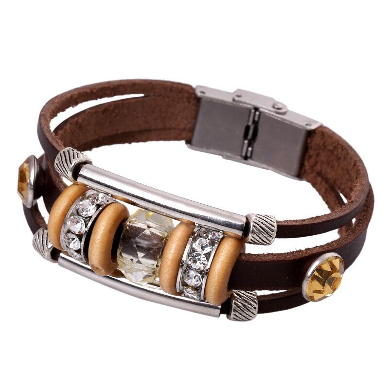 Retro Echtes Leder Armband Armreif Punk Strass Perlenarmband Für Frauen