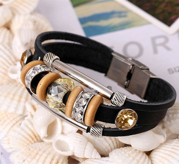 Retro Echtes Leder Armband Armreif Punk Strass Perlenarmband Für Frauen