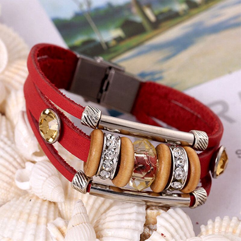 Retro Echtes Leder Armband Armreif Punk Strass Perlenarmband Für Frauen