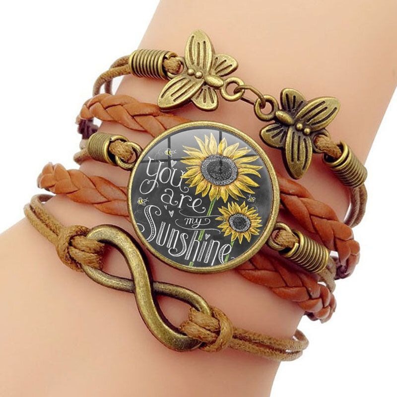 Retro-schmetterlings-unendlichkeits-kombinations-geflochtenes Armband Gedruckte Sonnenblumen-zeit-edelstein-dekoration Handgemachtes Mehrschichtiges Armband