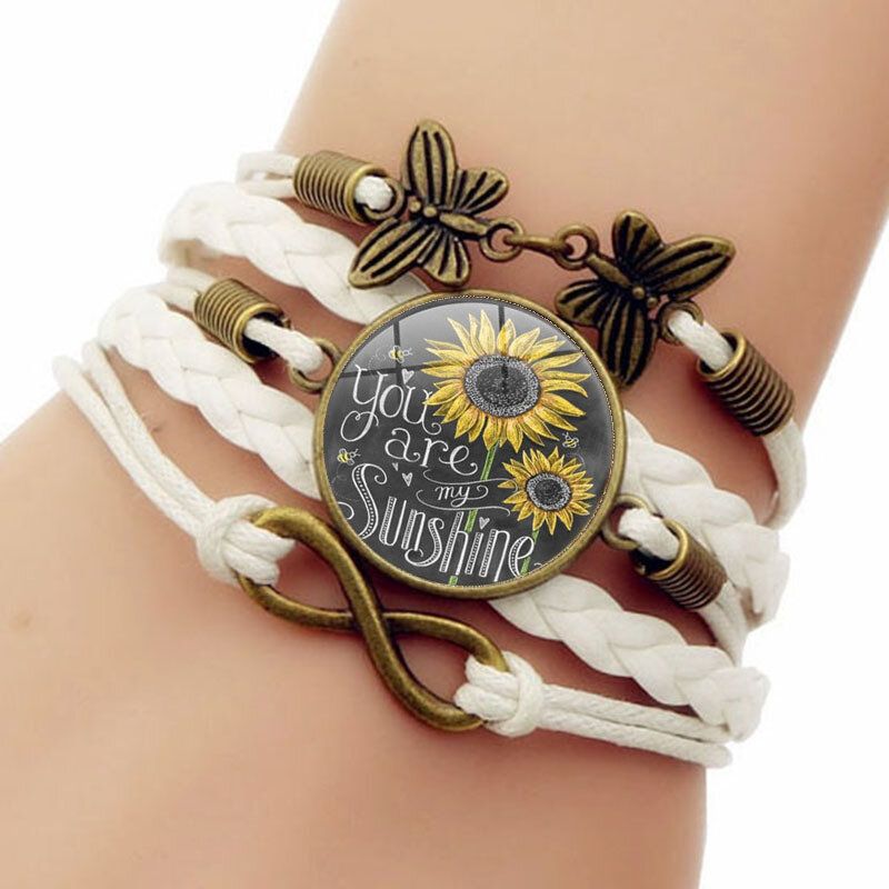 Retro-schmetterlings-unendlichkeits-kombinations-geflochtenes Armband Gedruckte Sonnenblumen-zeit-edelstein-dekoration Handgemachtes Mehrschichtiges Armband